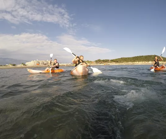 three people kayaking on calm ocean water near a coastal area.