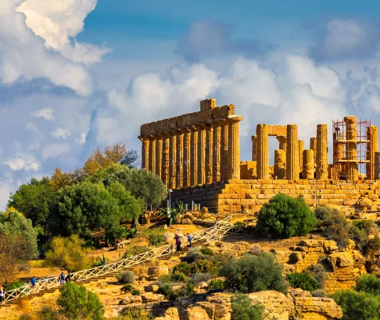the ancient Temple of Concordia located on a hill in the Valley of the Temples, Agrigento, Sicily. 