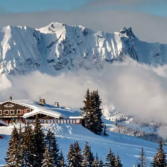 French alps and mountain village covered in snow
