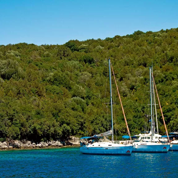 Yachts moored up in a bay