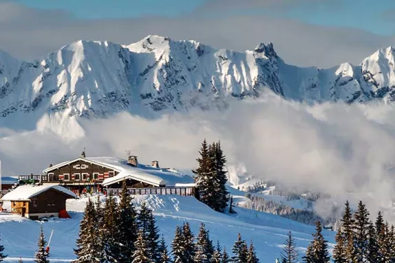 French alps and mountain village covered in snow