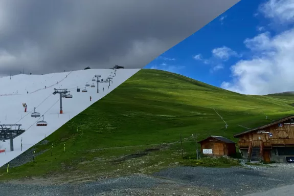 view of the mountains in summer and winter