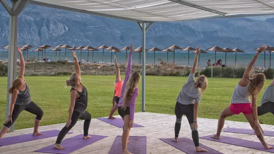 group of people doing yoga by the sea