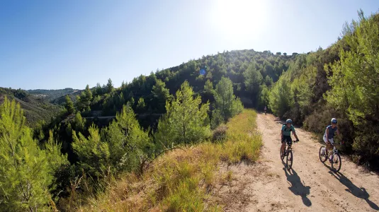Two people cycling in Greek countryside