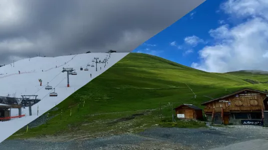 view of the mountains in summer and winter