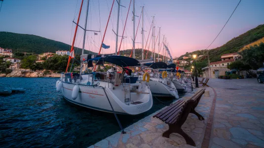 Docked at sunset in a Greek village